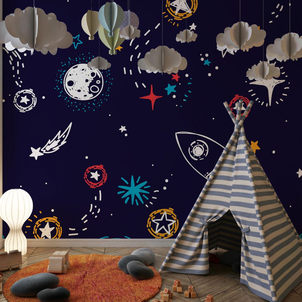 Colorful childish space line drawing