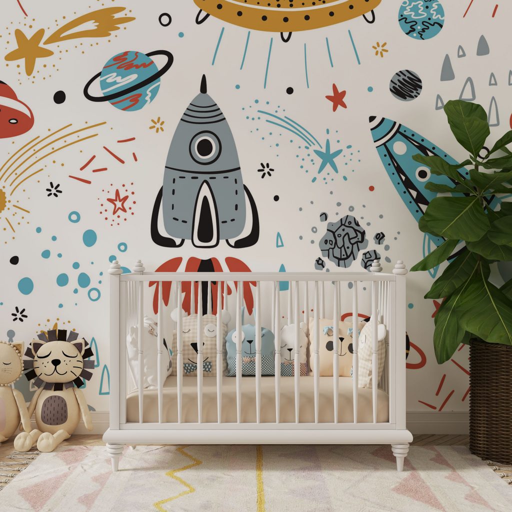 Kids Rocket and UFO Space Wallpaper