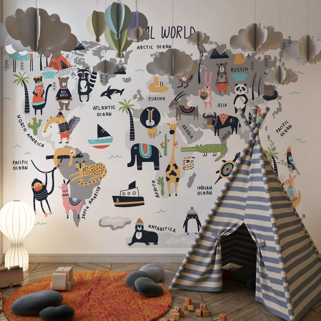 Colorful cute animals world map