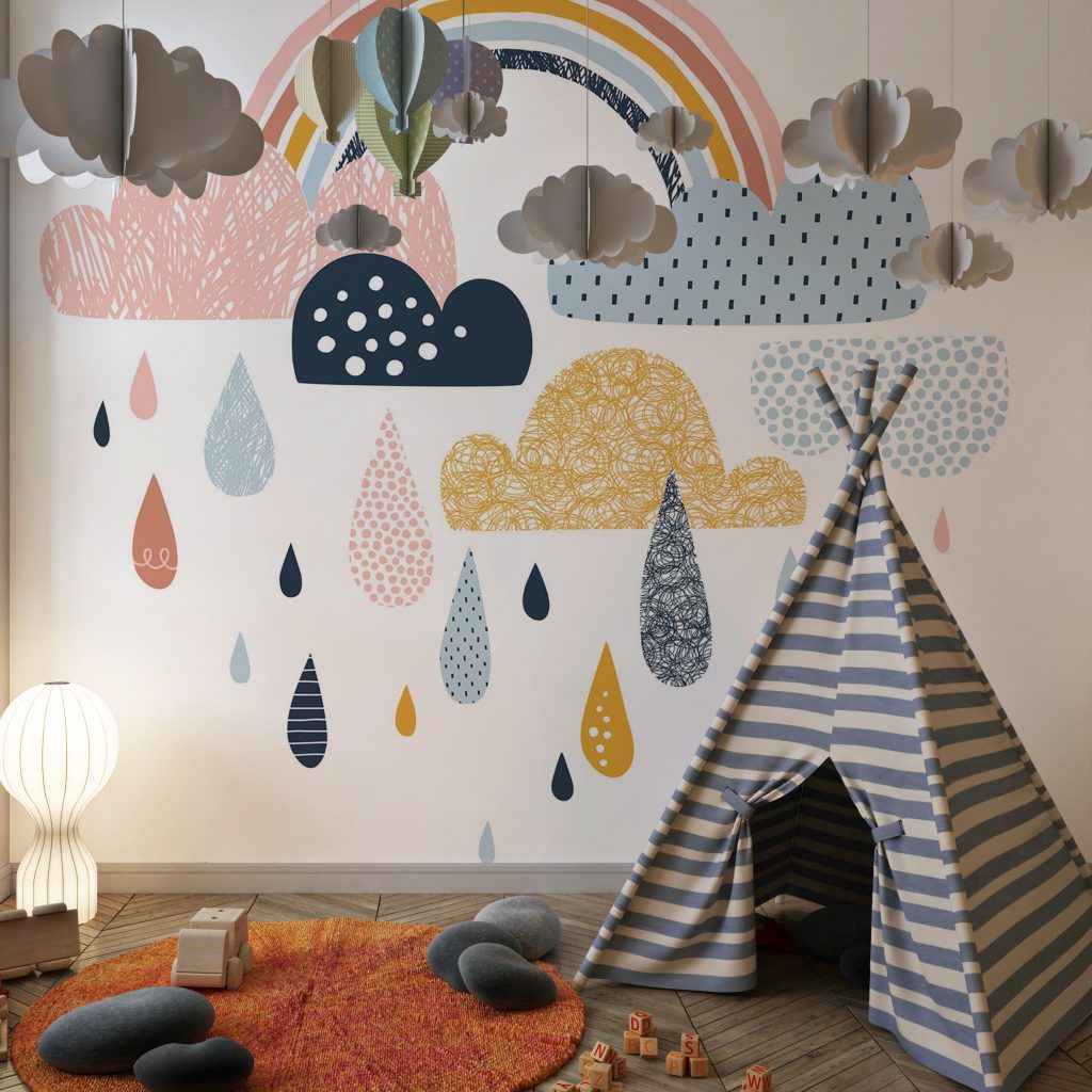 Colorful cute rainbow cloud rain drops