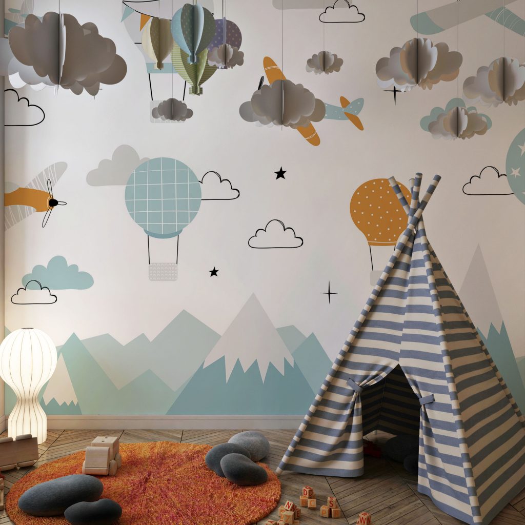 Cute scandinavian mountains air planes and hot balloons