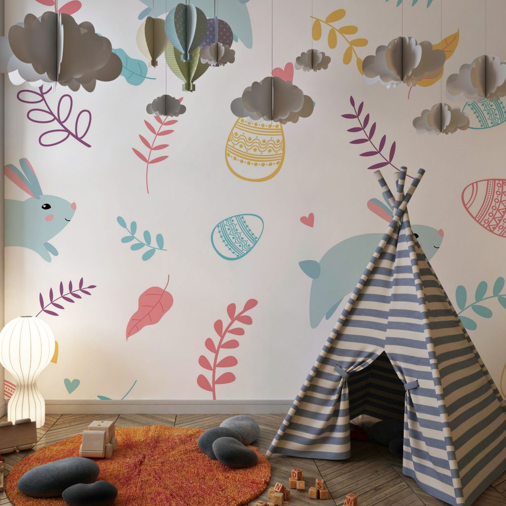 Cute colorful rabbit and botanical