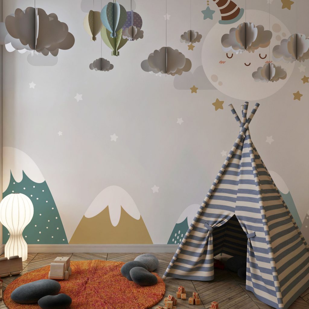 Cute kids mountains and moon