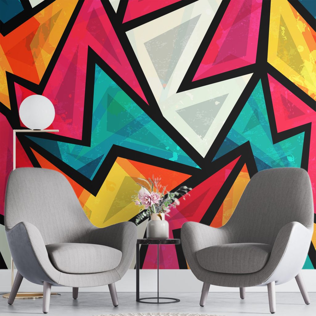 Yellow and blue cubic geometric  - Mural Wallpaper, PVC Free, Non-Toxic