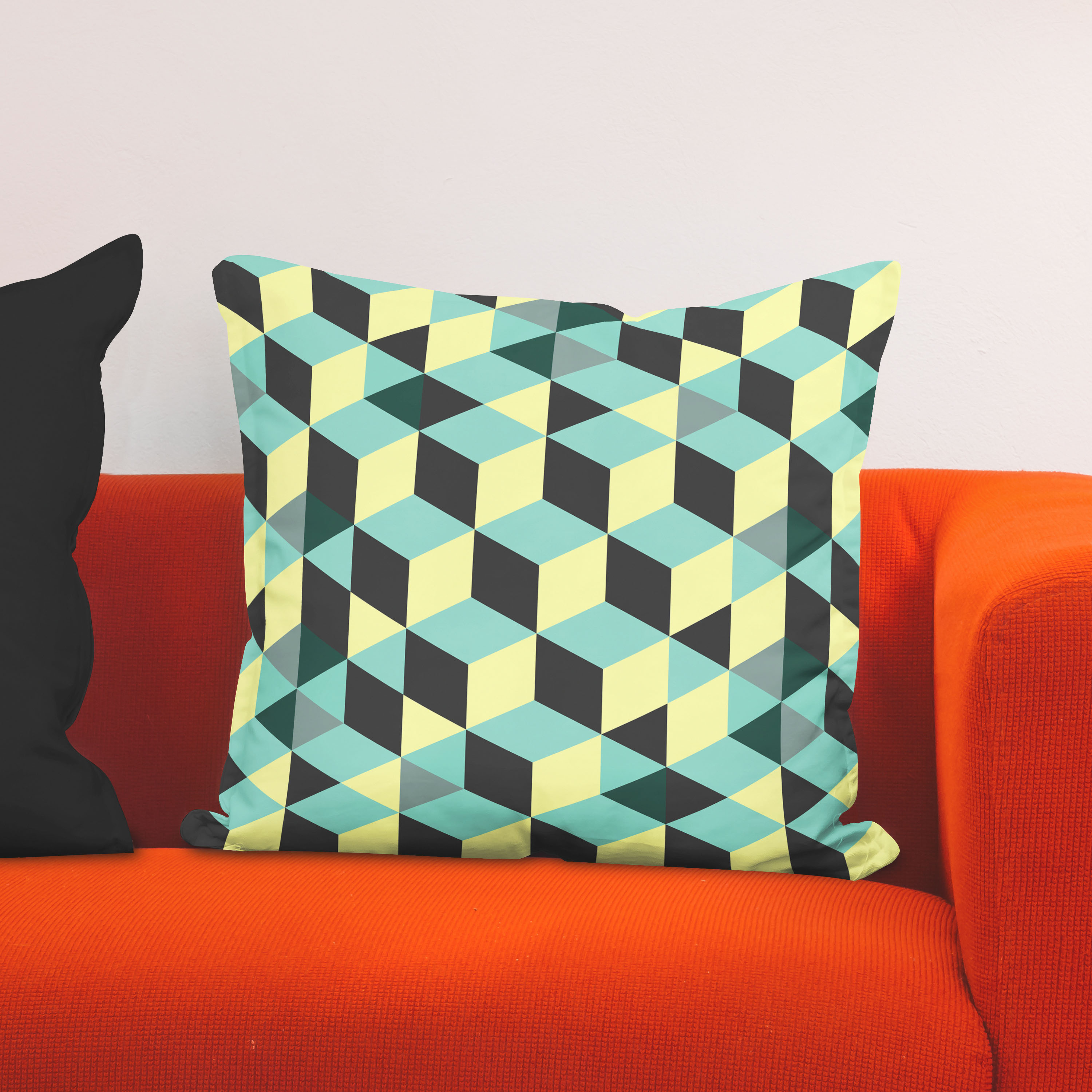 Red sofa with pillow and light lamp