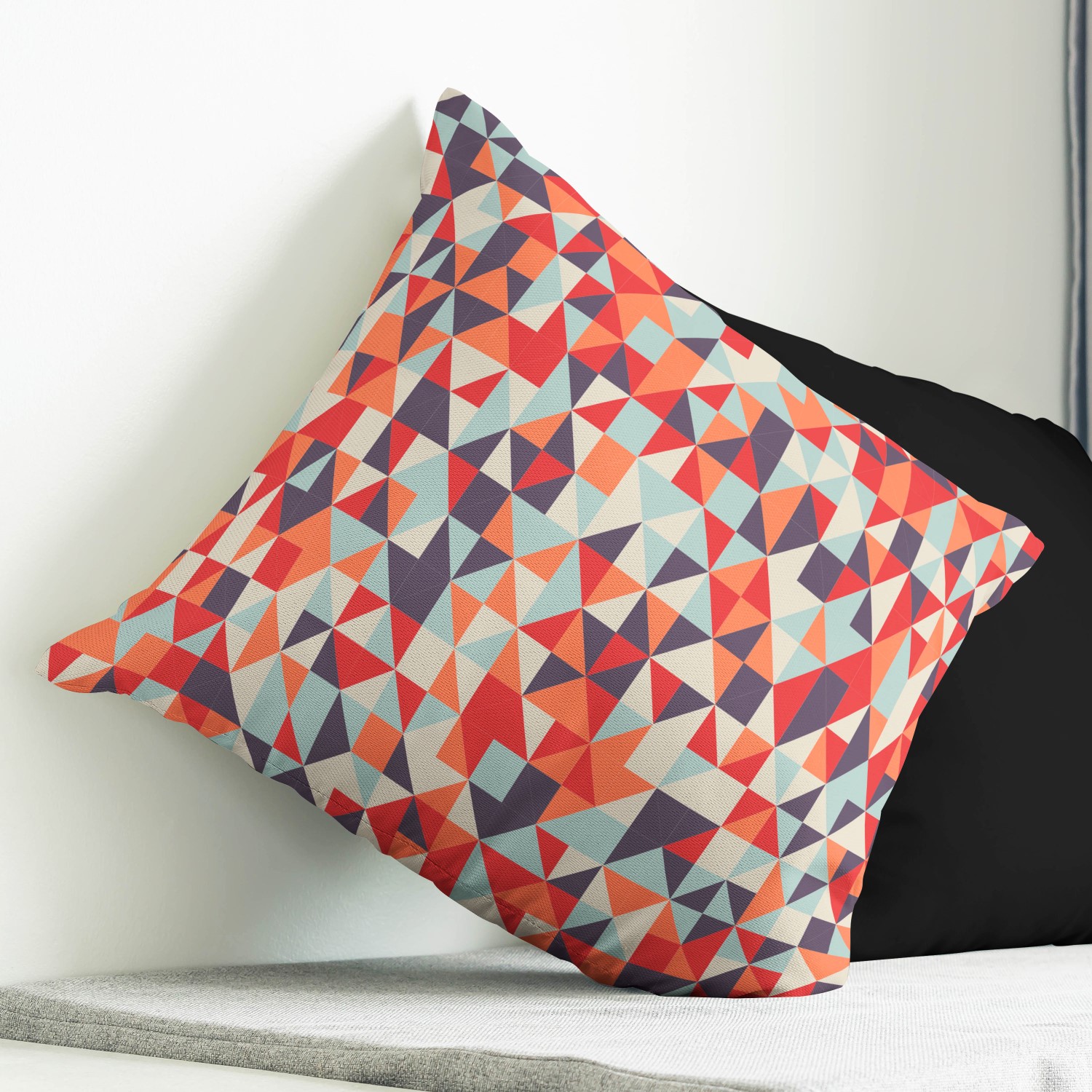 Red sofa with pillow and light lamp