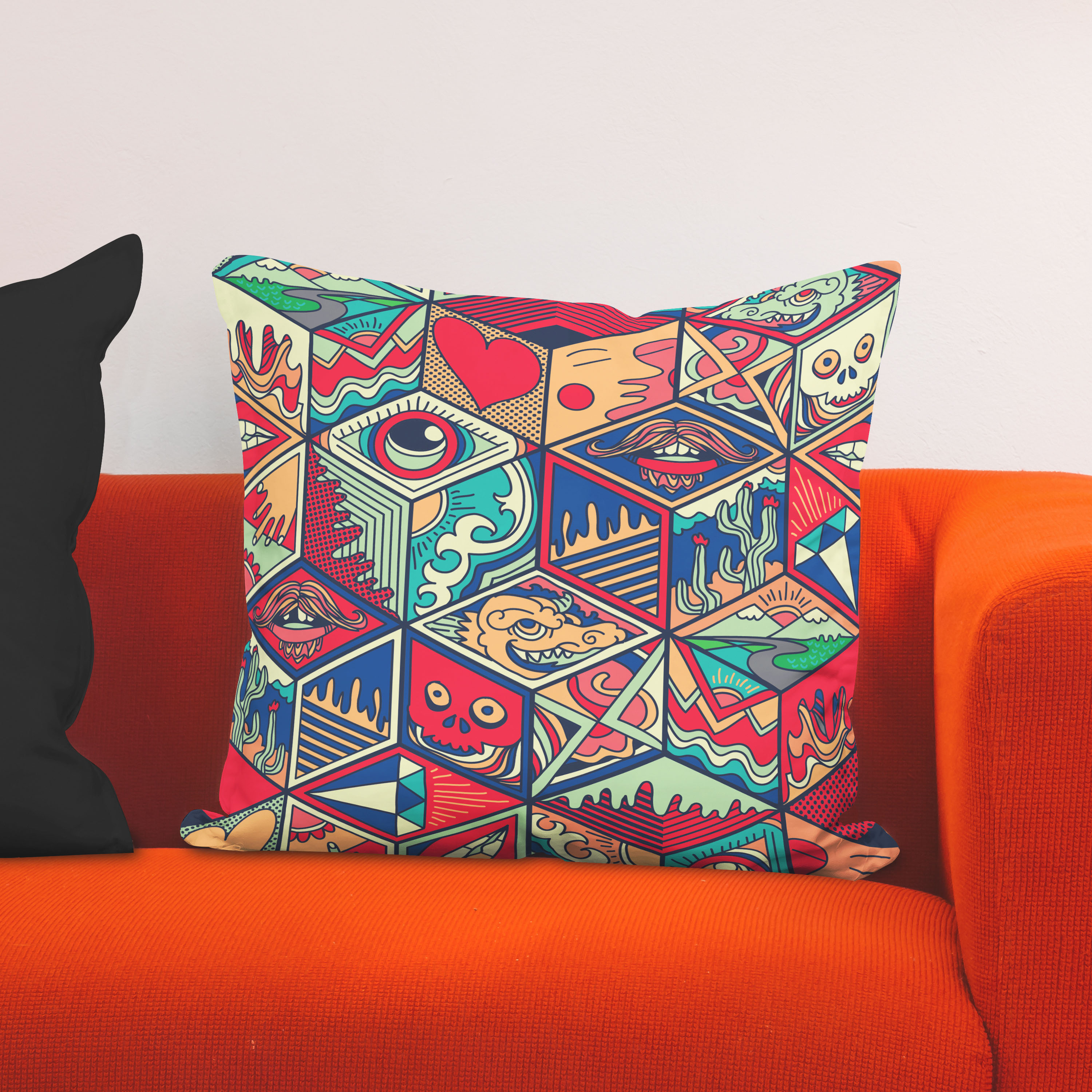 Red sofa with pillow and light lamp