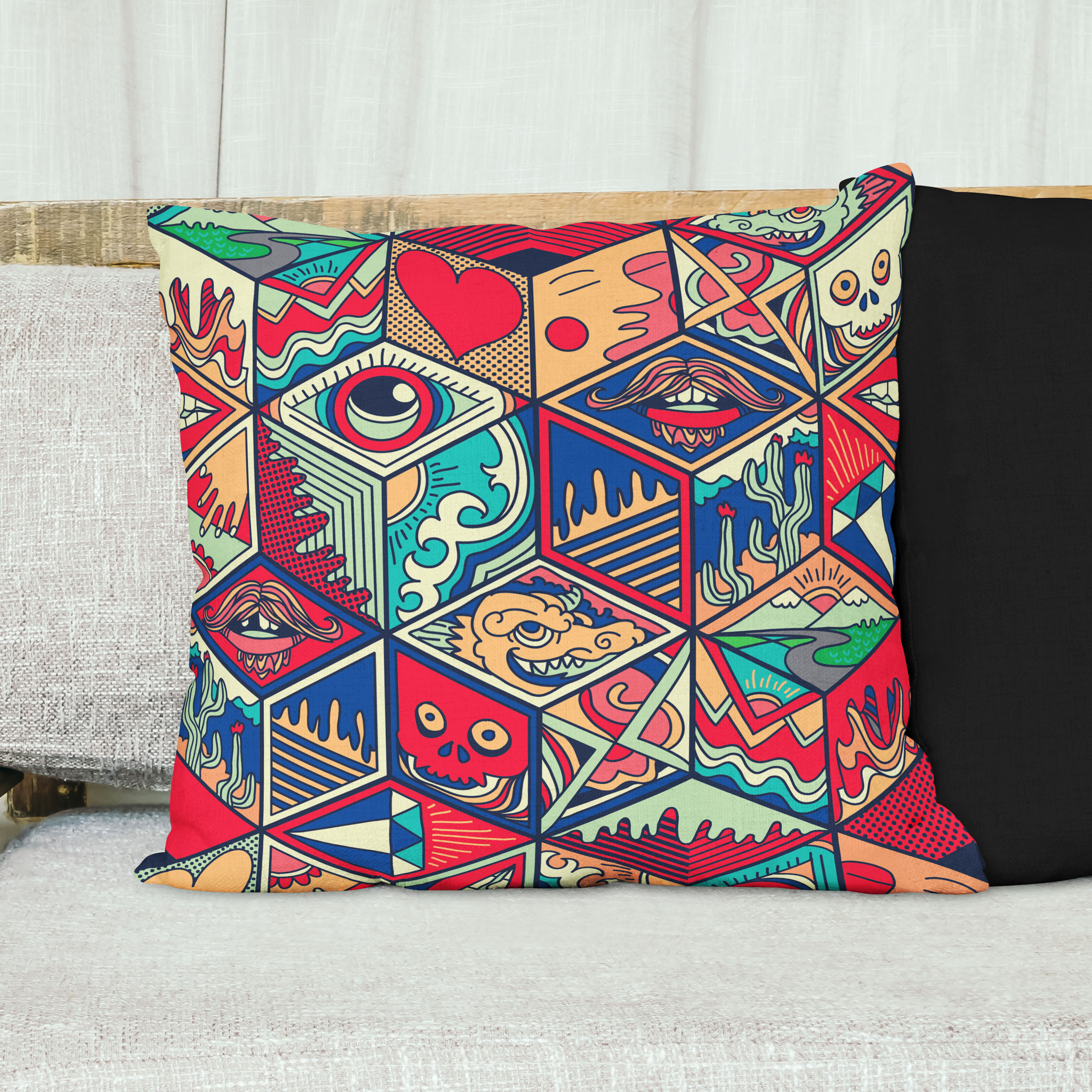 Red sofa with pillow and light lamp