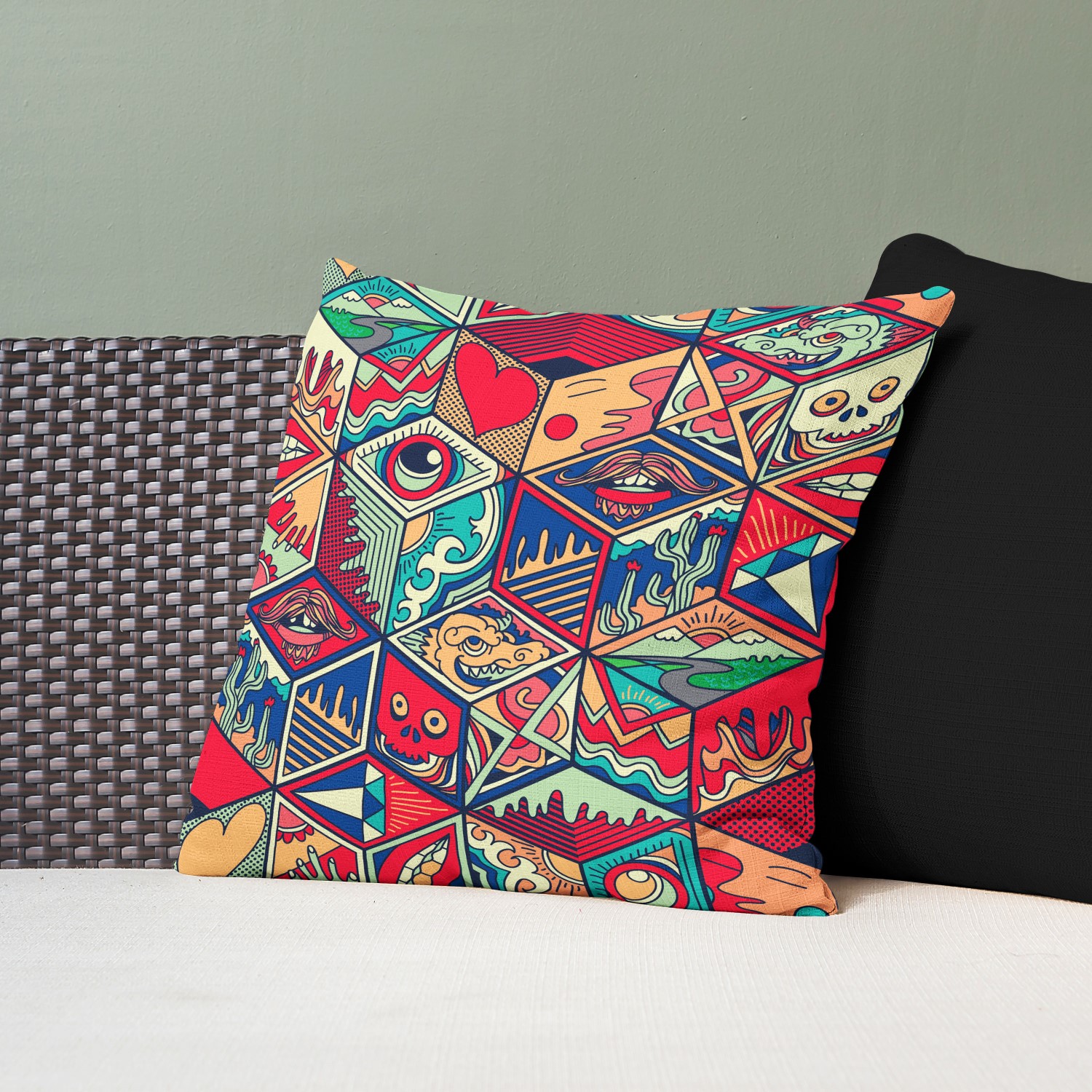 Red sofa with pillow and light lamp