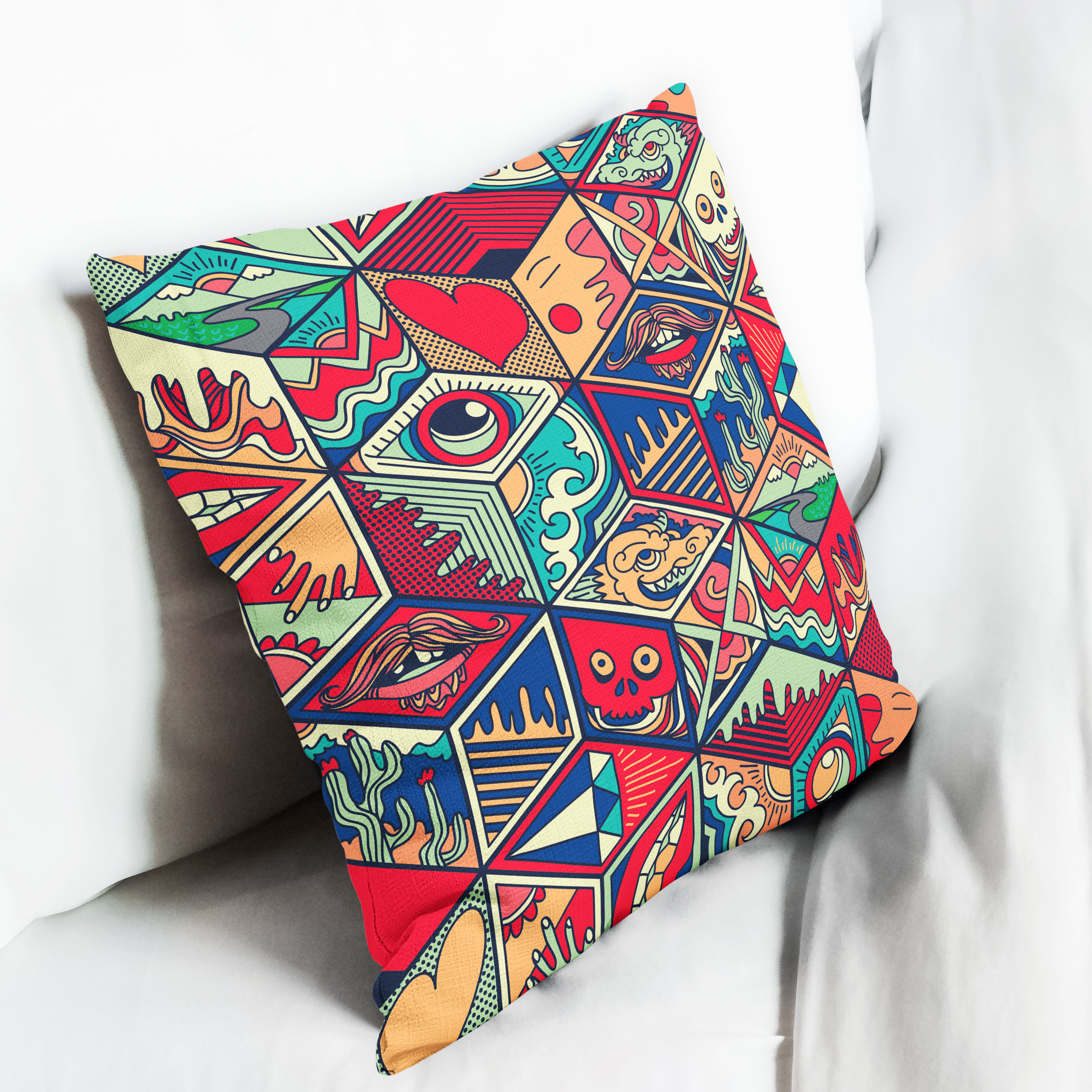 Red sofa with pillow and light lamp