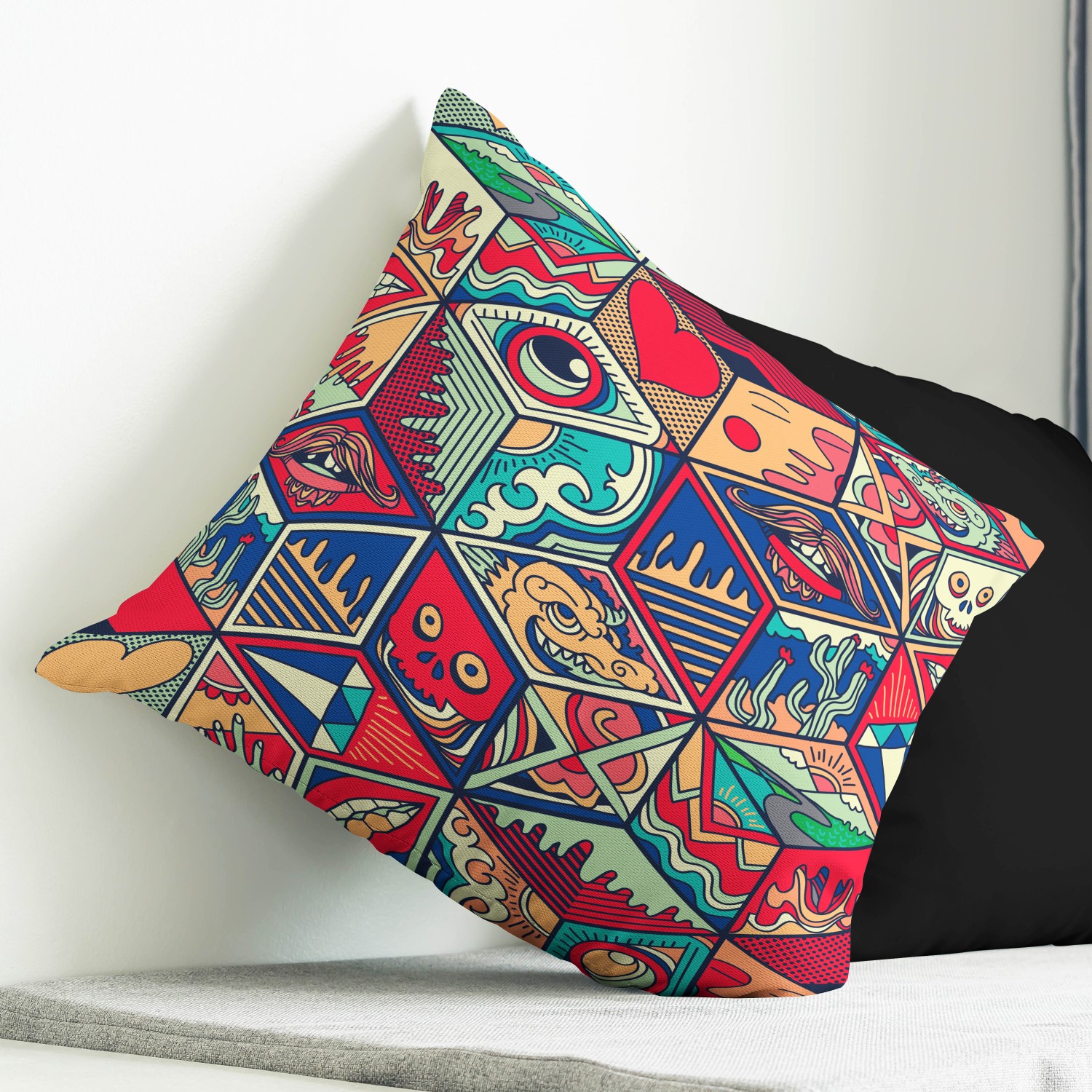 Red sofa with pillow and light lamp