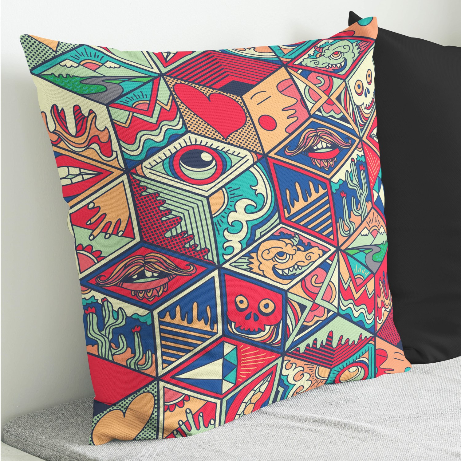 Red sofa with pillow and light lamp