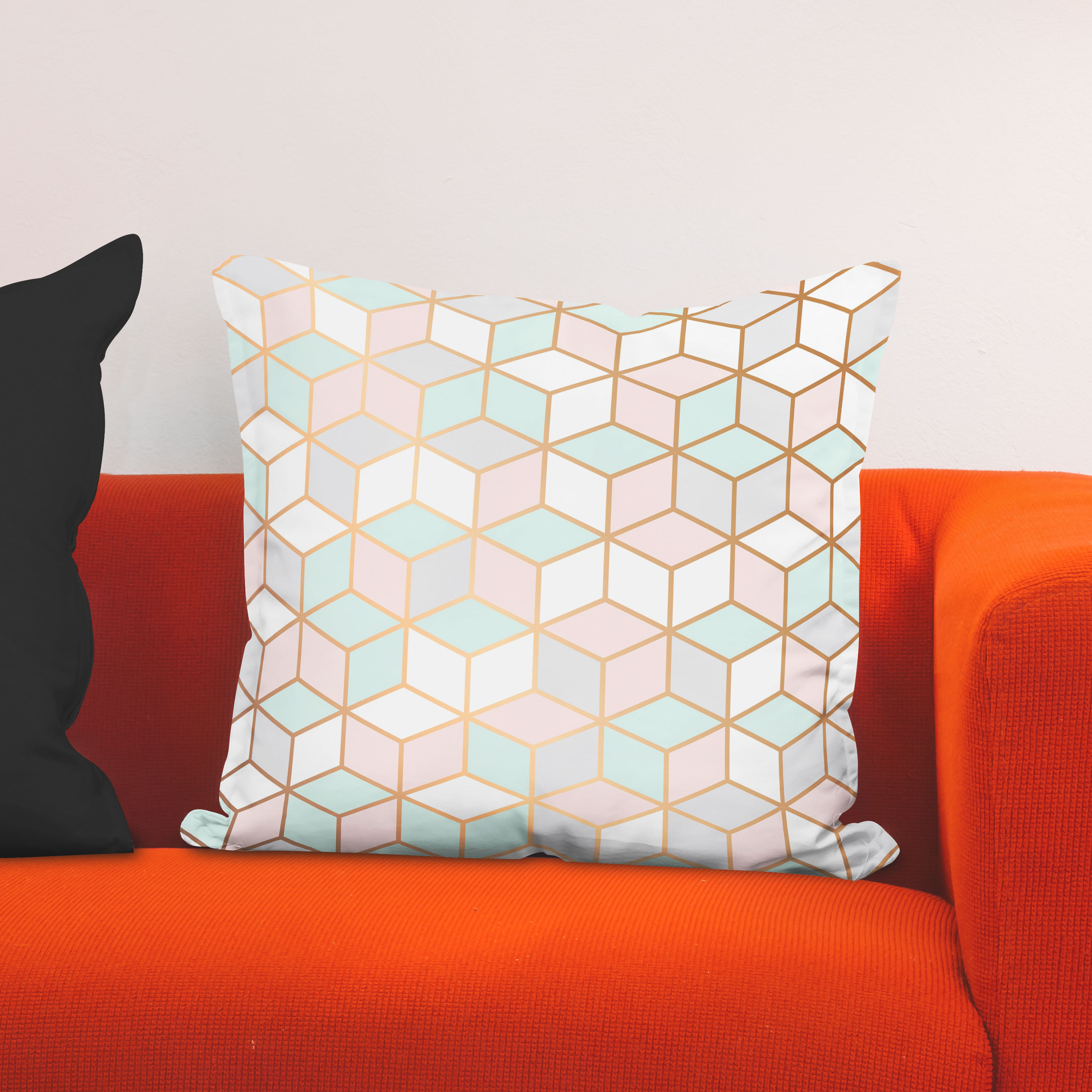 Red sofa with pillow and light lamp