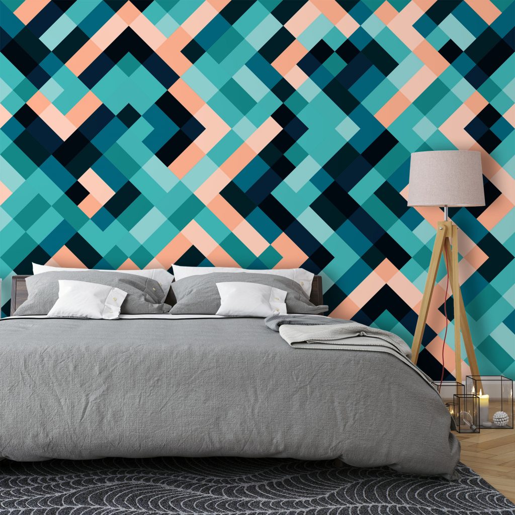 Teal and Navy Blue Geometric Block Wallpaper