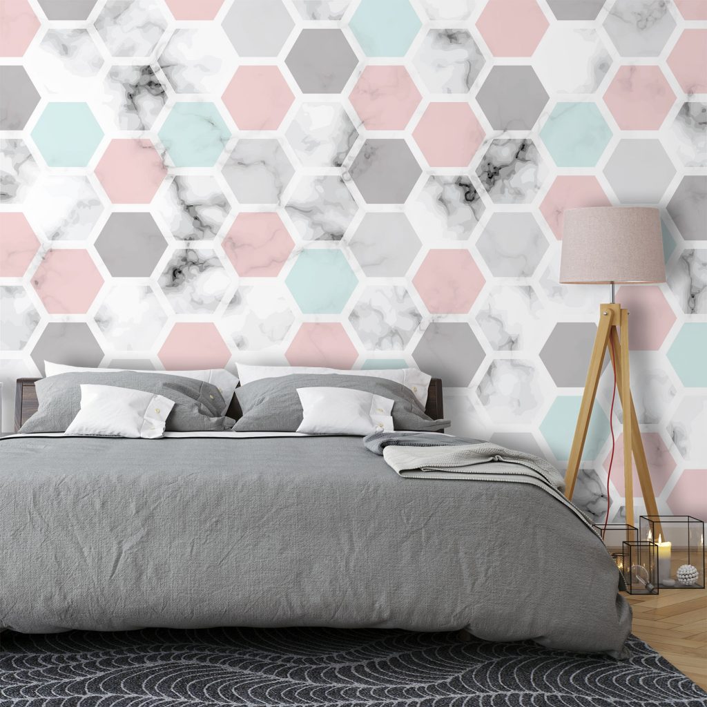 Pink and Grey Marble Hexagon Wallpaper