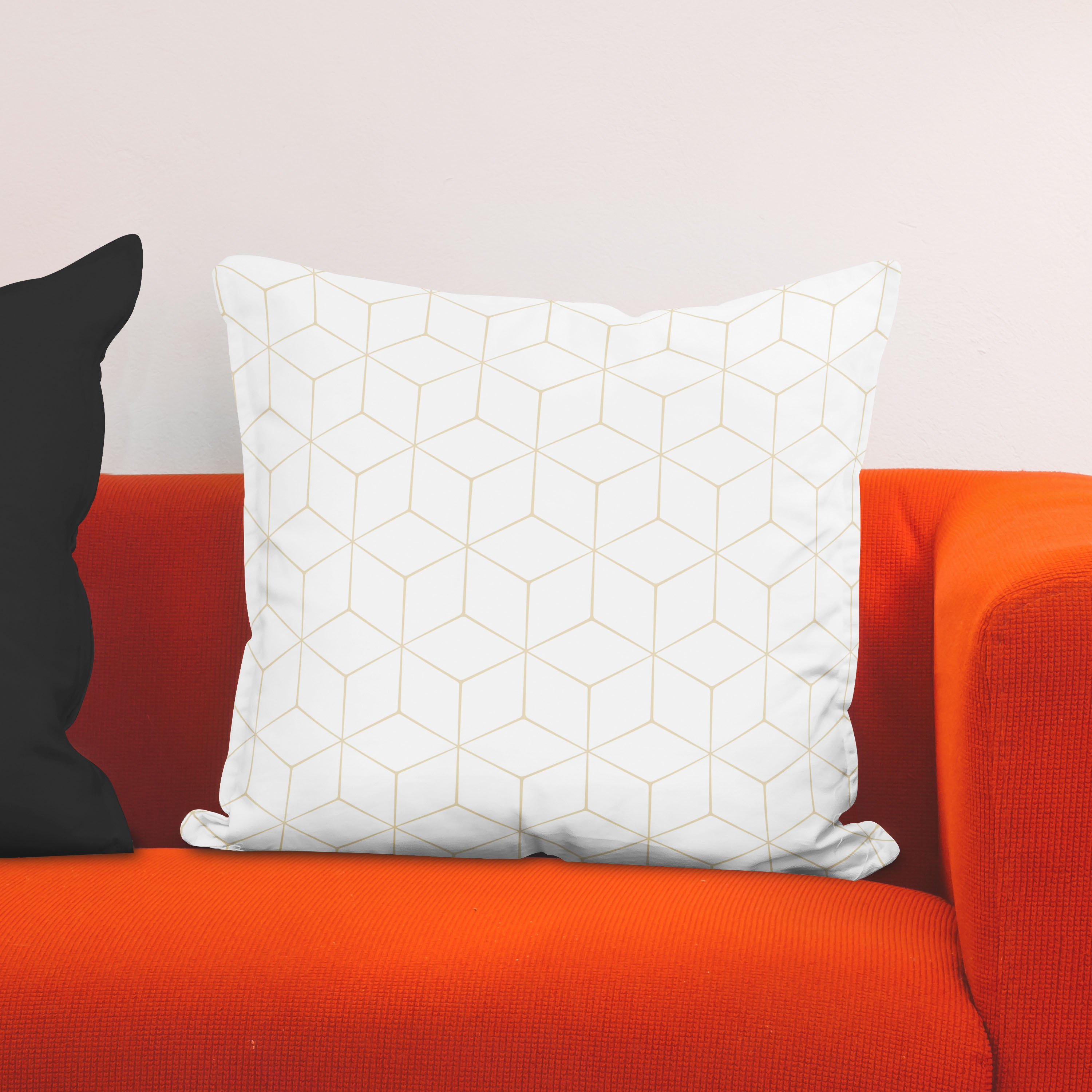 Red sofa with pillow and light lamp