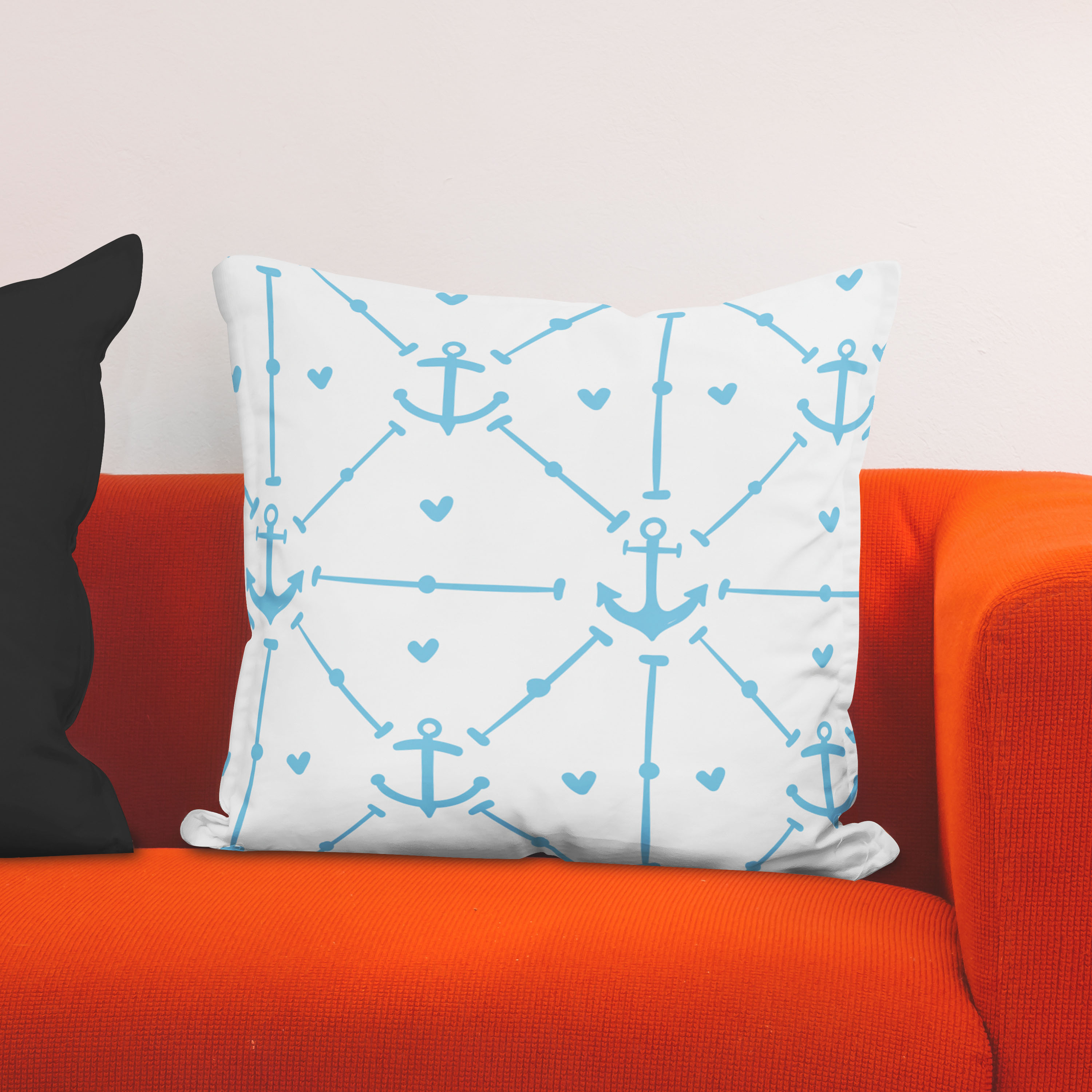 Red sofa with pillow and light lamp