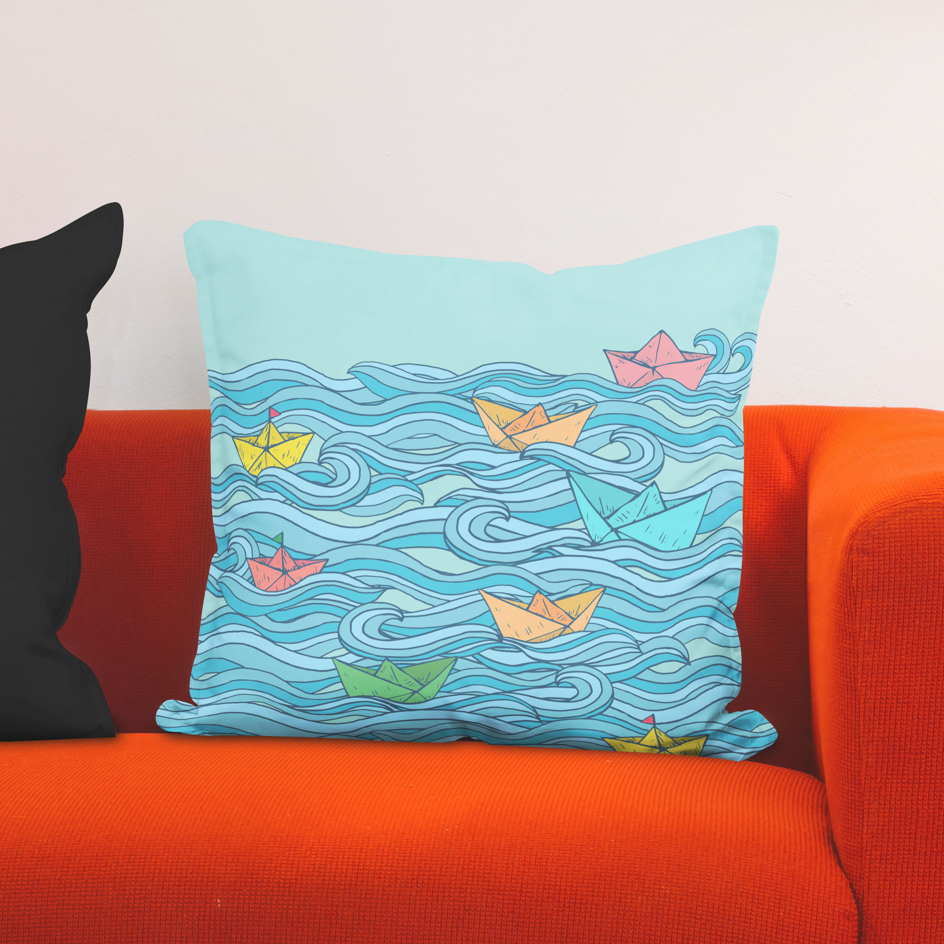 Red sofa with pillow and light lamp