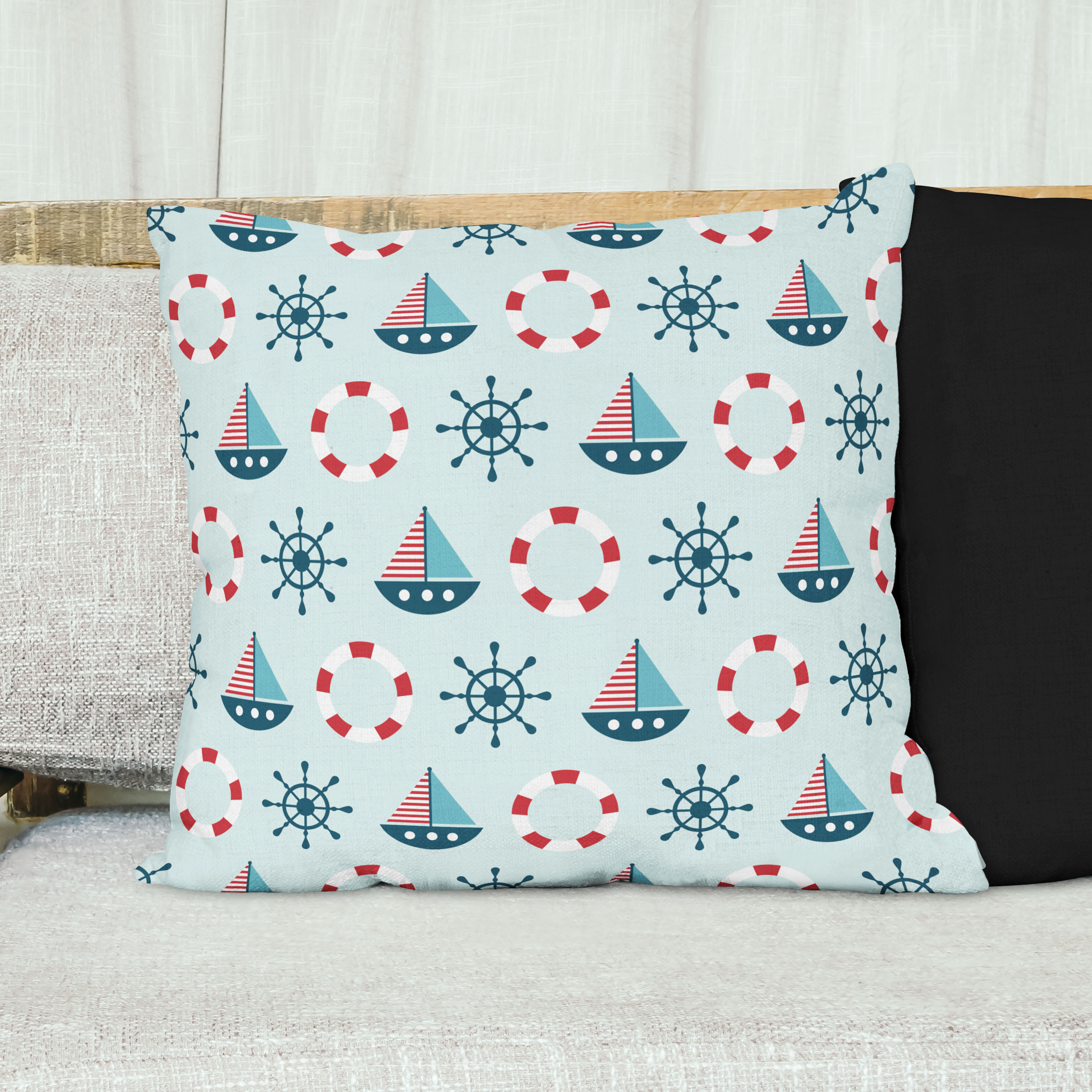 Red sofa with pillow and light lamp