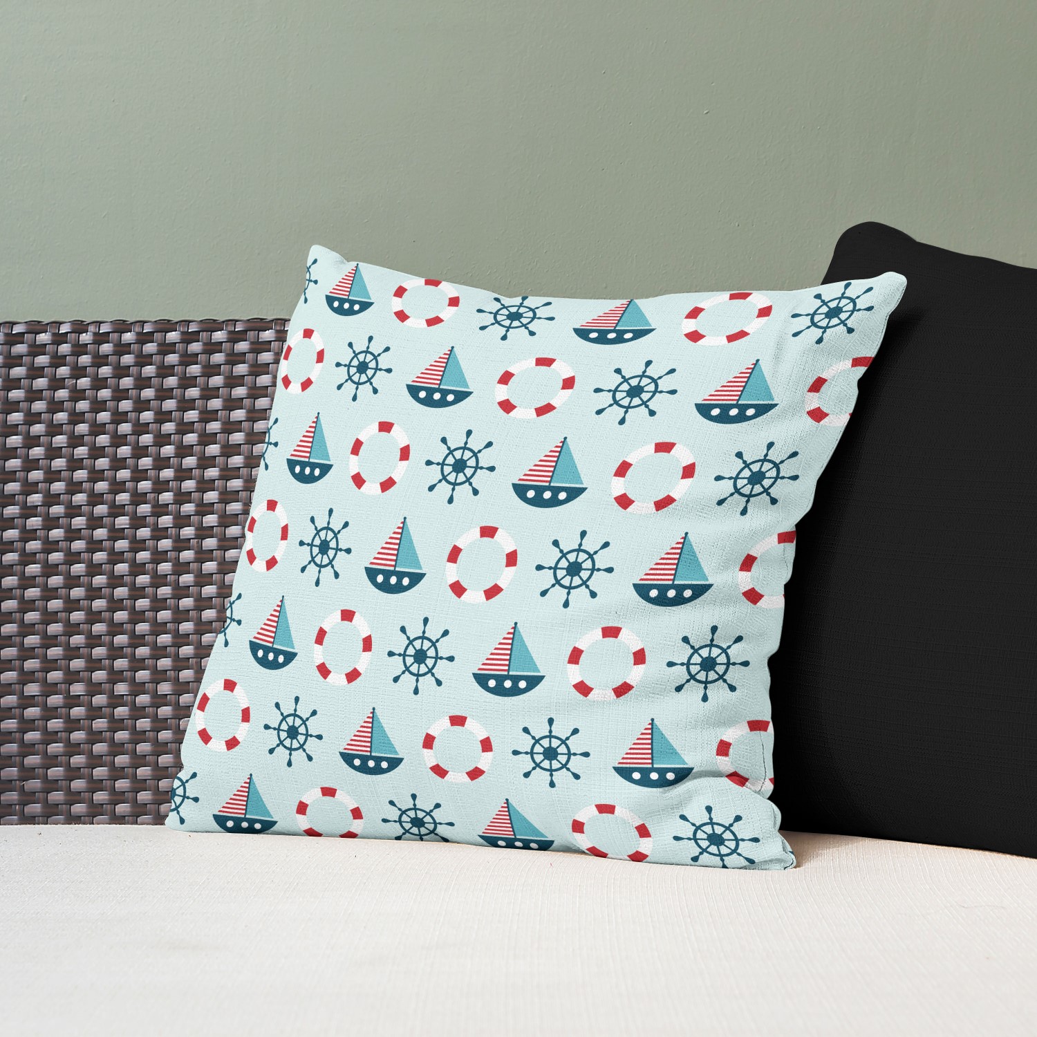 Red sofa with pillow and light lamp