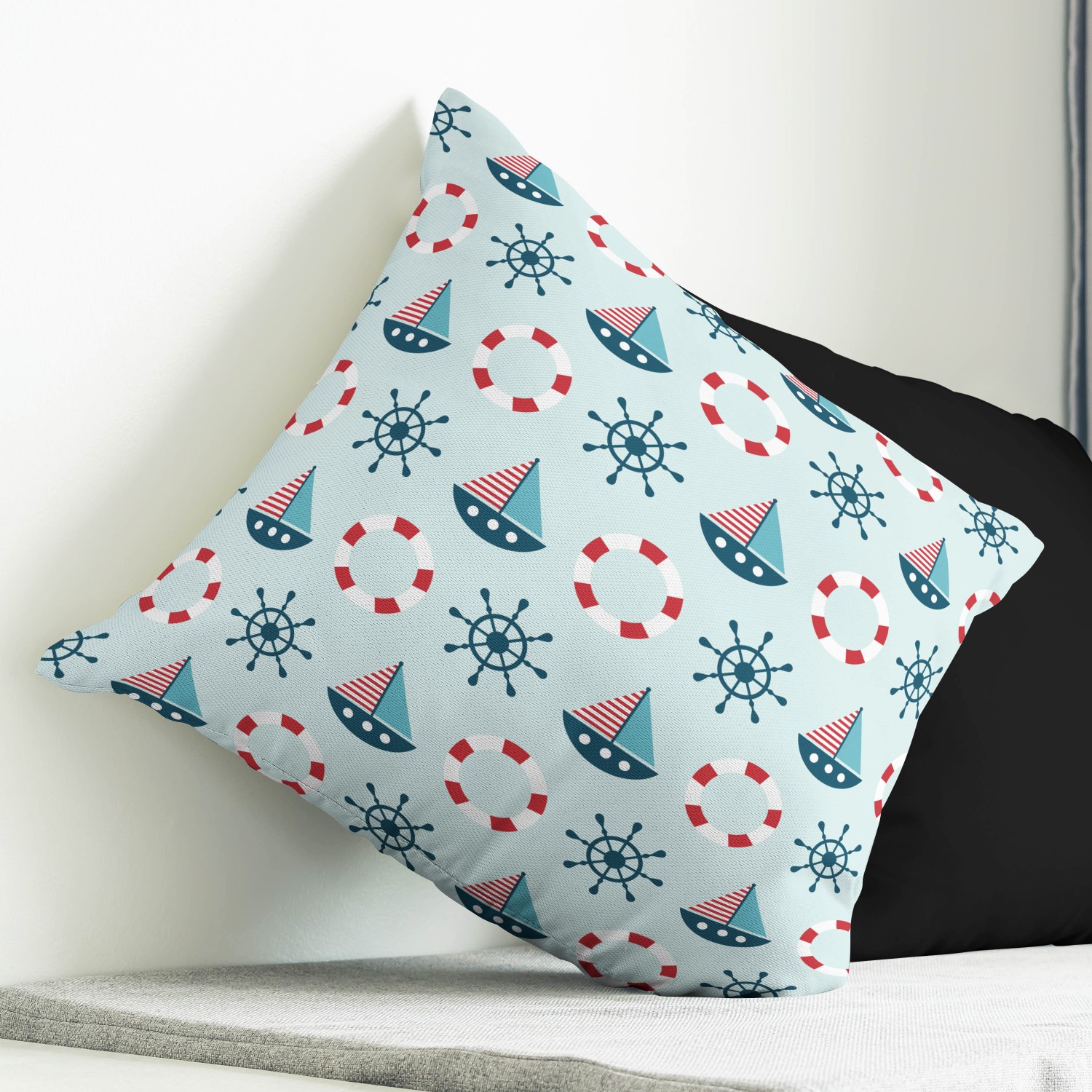 Red sofa with pillow and light lamp