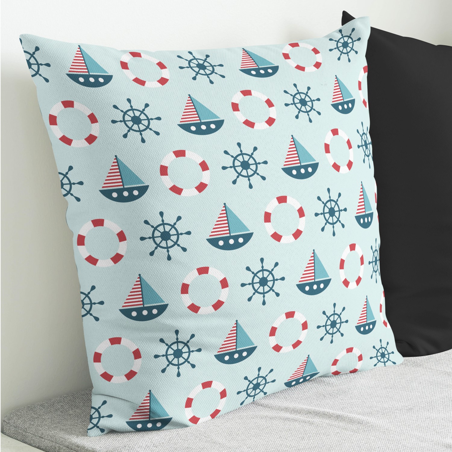 Red sofa with pillow and light lamp