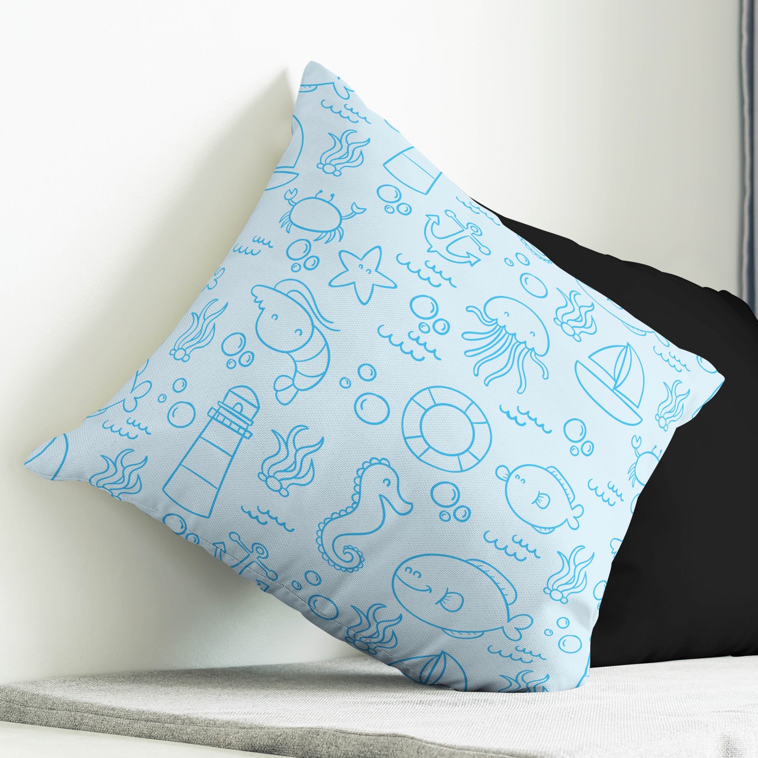 Red sofa with pillow and light lamp