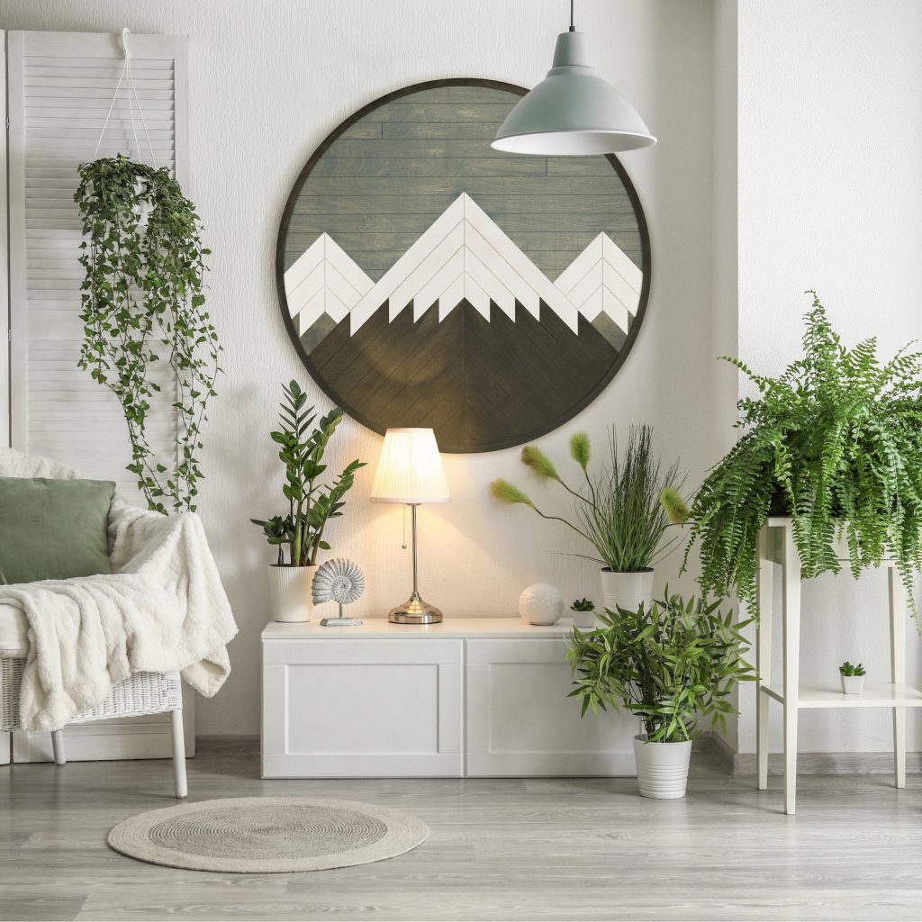 Large Round Geometric Wooden Wall Art Panel featuring Mountains - Perfect Wood Wall Hanging for your Home Decor.