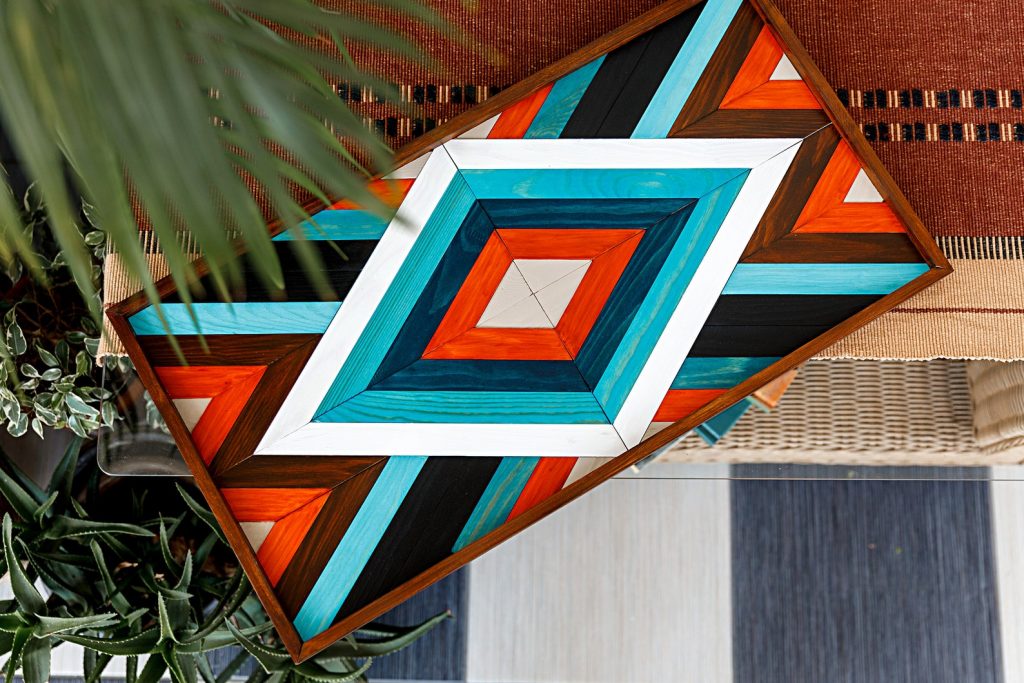 Geometric Diamond Wood Mosaic Wall Art - Modern Boho Decor, Painted Plaque for Home Decoration.