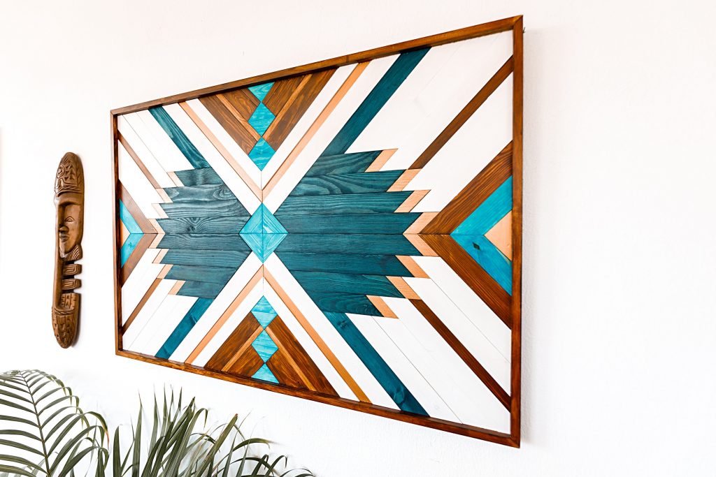 Geometric Blue Wood Wall Art for Boho Home Decor - Aztec Wall Hanging & Modern Wood Decoration