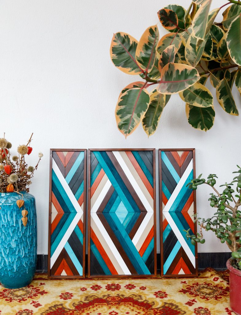 Boho Wooden Mosaic Wall Decor Set - 3 Geometric Pieces of Modern Painted Wood Plaque Art for Hanging