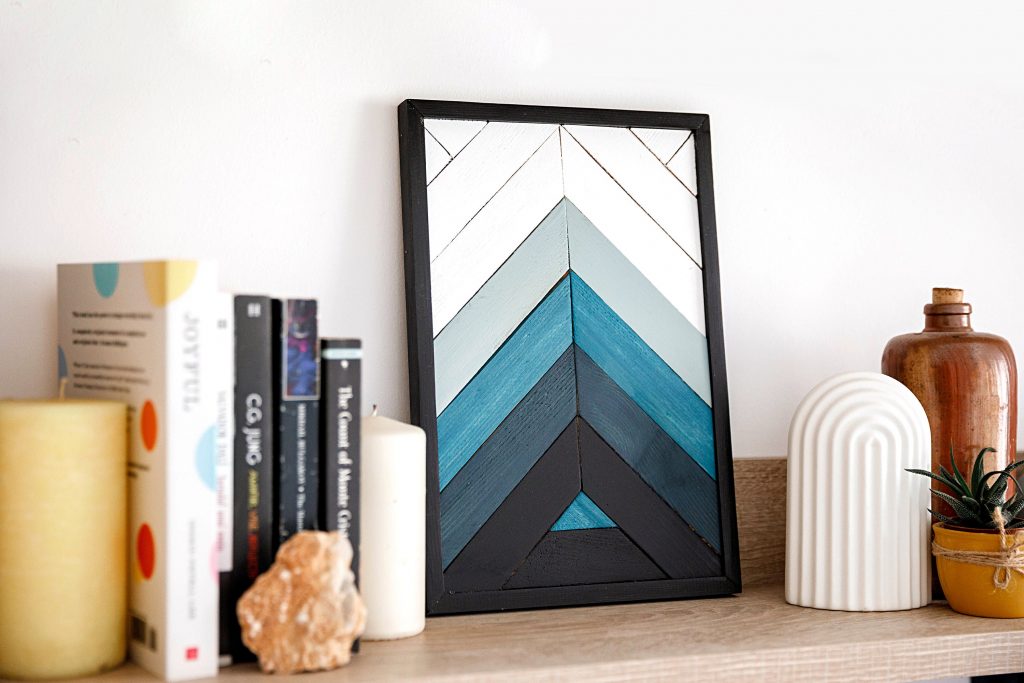 Blue Geometric Wood Wall Art with Boho Style, Chevron Deco, Small Shelf Decor for Office or Home.