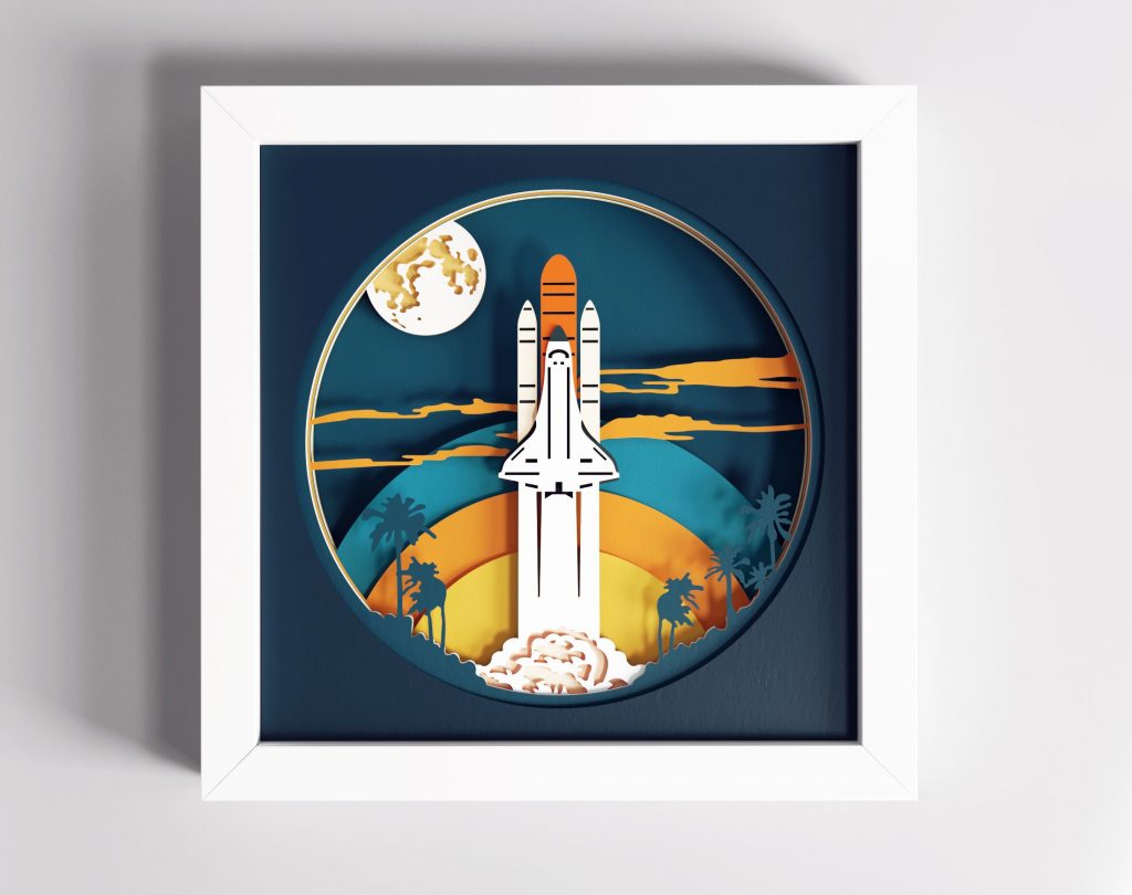 Space-themed 3D Rocket Shadow Box for a unique and immersive decor experience.