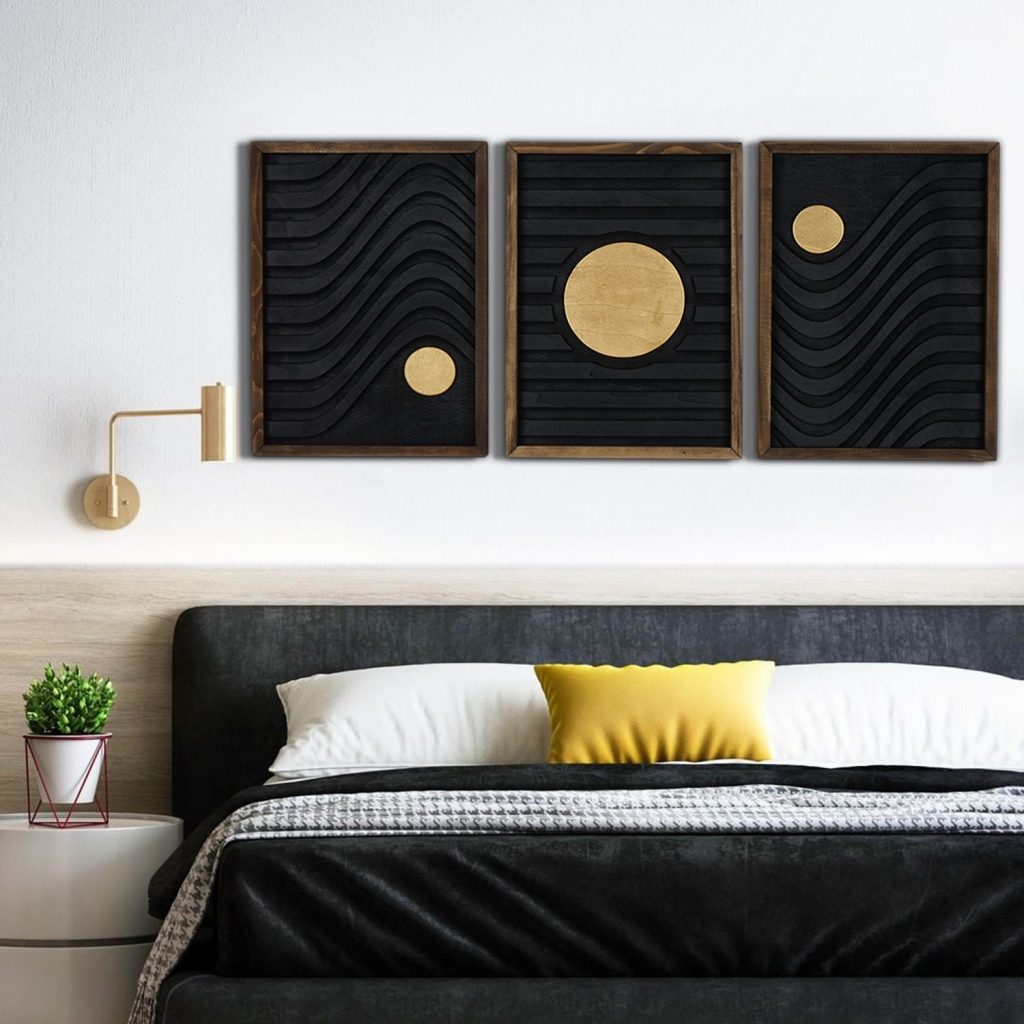 Modern 3-Piece Geometric Wood Wall Art Set for Bedroom, Panels for Hanging Headboard & Decor