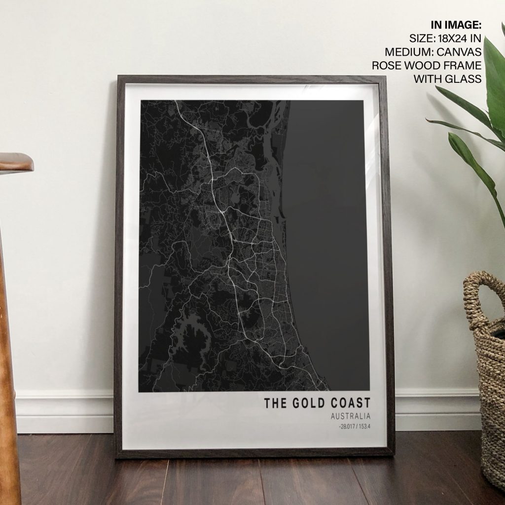 Minimalist Black White Gold Coast Map – Wall Art