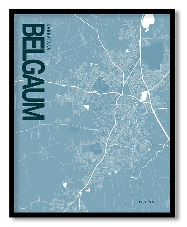 Belgaum Blue Map Art, Ready to hang, Framed Wall art