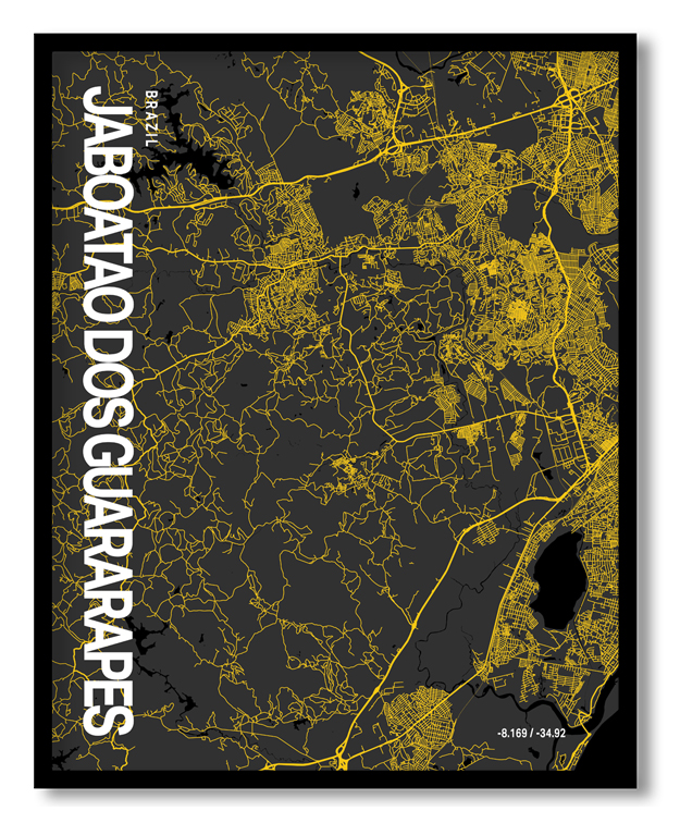 Jaboatão Dos Guararapes Map Art, Yellow-Black, Poster style, Framed & Ready to hang wall art