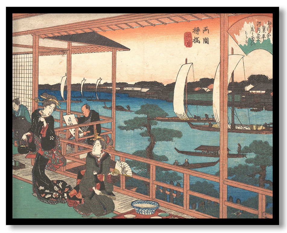 Ryogoku Yanagibashi Tea-house at the Willow Bridge by Utagawa Hiroshige (ca.1835-42)