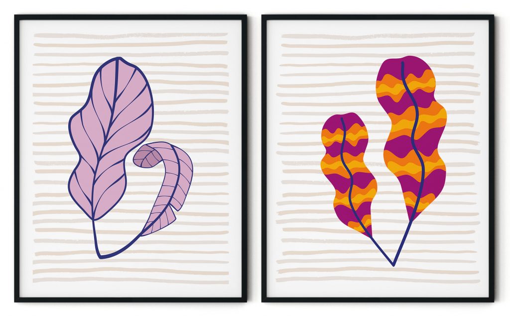 Set of 2 pink and red abstract leaves