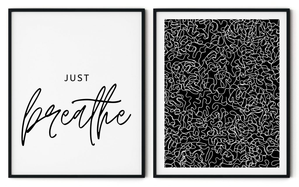 Set of 2 quotes - just breathe and abstract lines