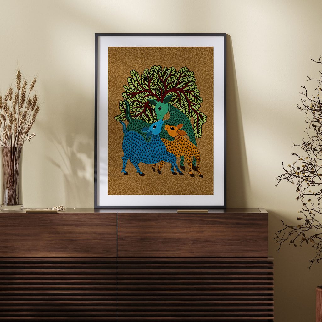 Gond Green Blue Orange Family – Wall Painting