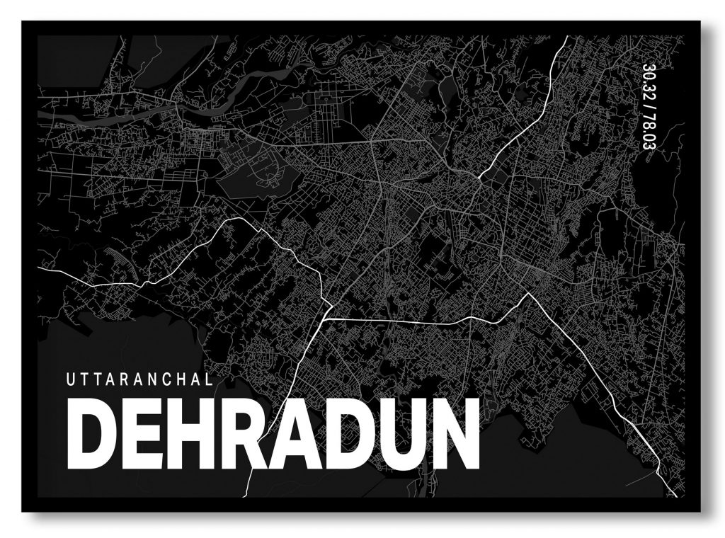 Black poster map of dehradun