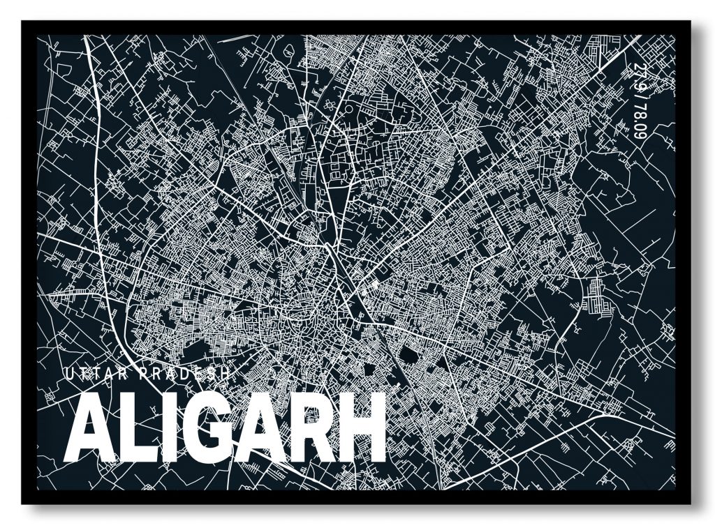 Blue poster map of aligarh