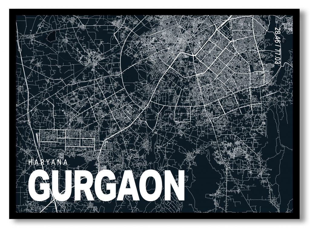 Blue poster map of gurgaon