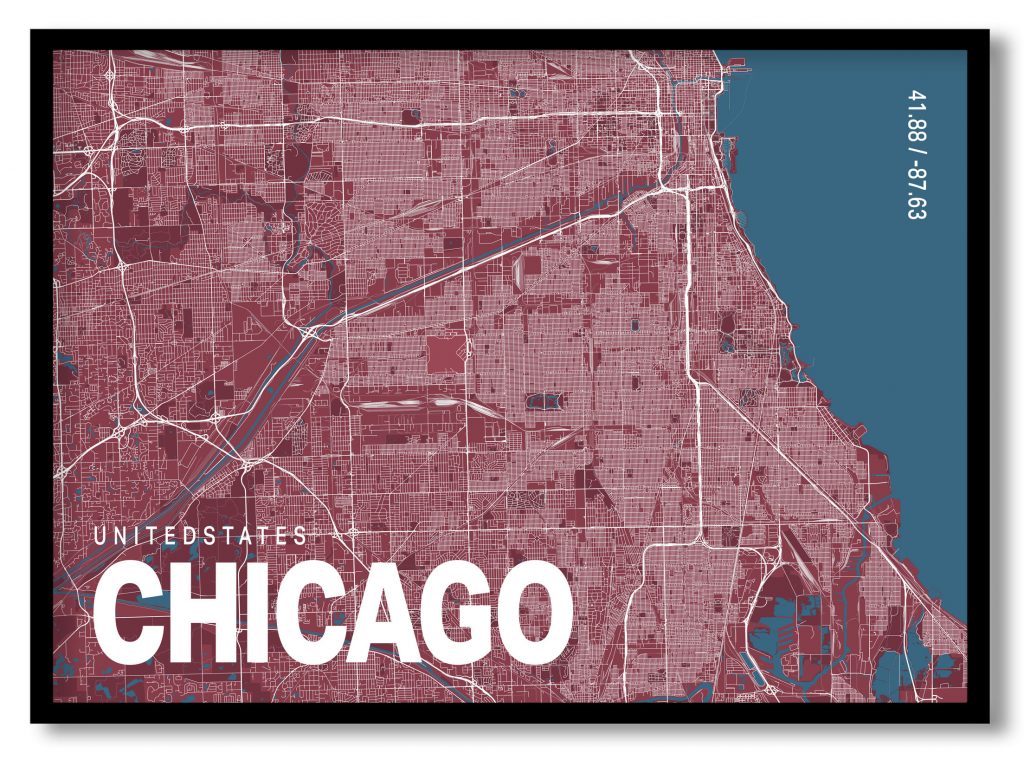 Red poster map of chicago