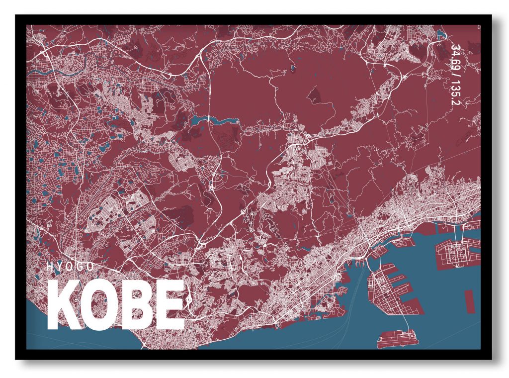 Red poster map of kobe