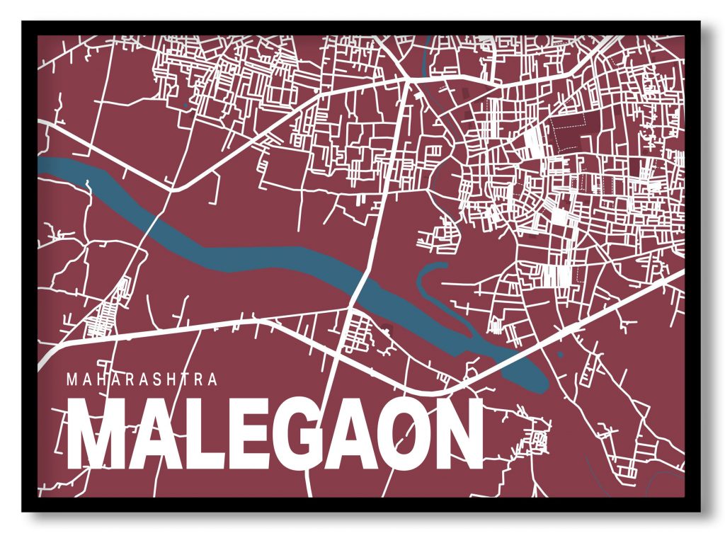 Red poster map of malegaon