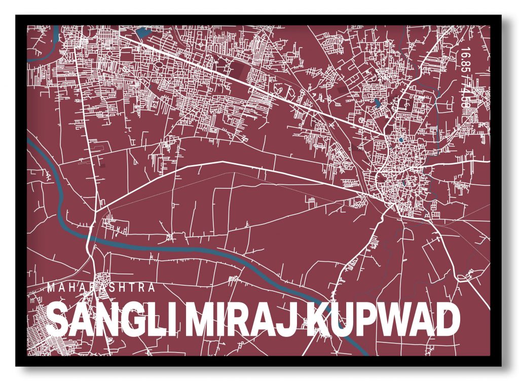Red poster map of sangli miraj kupwad