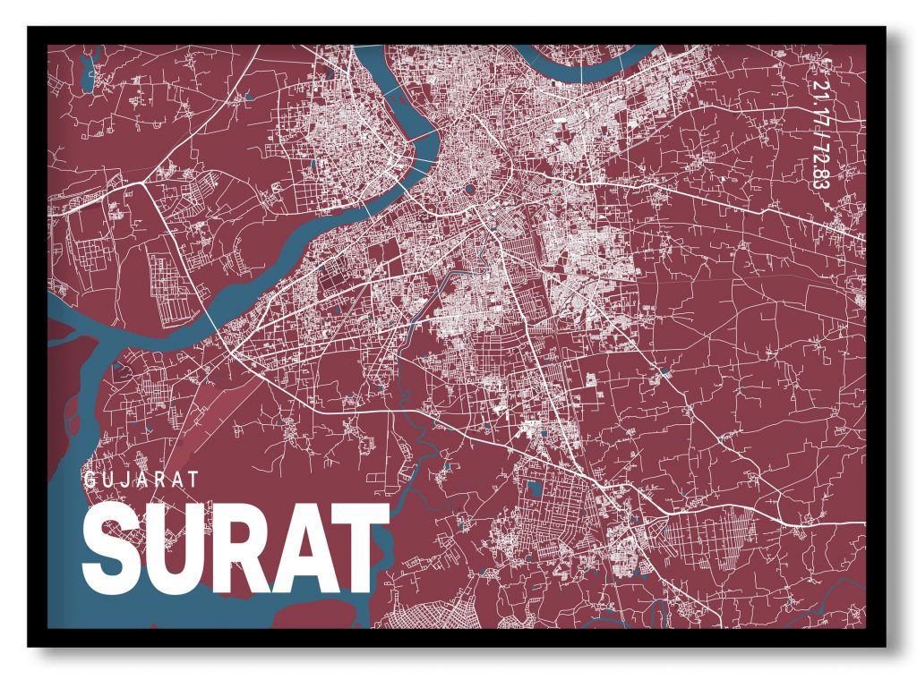 Red poster map of surat