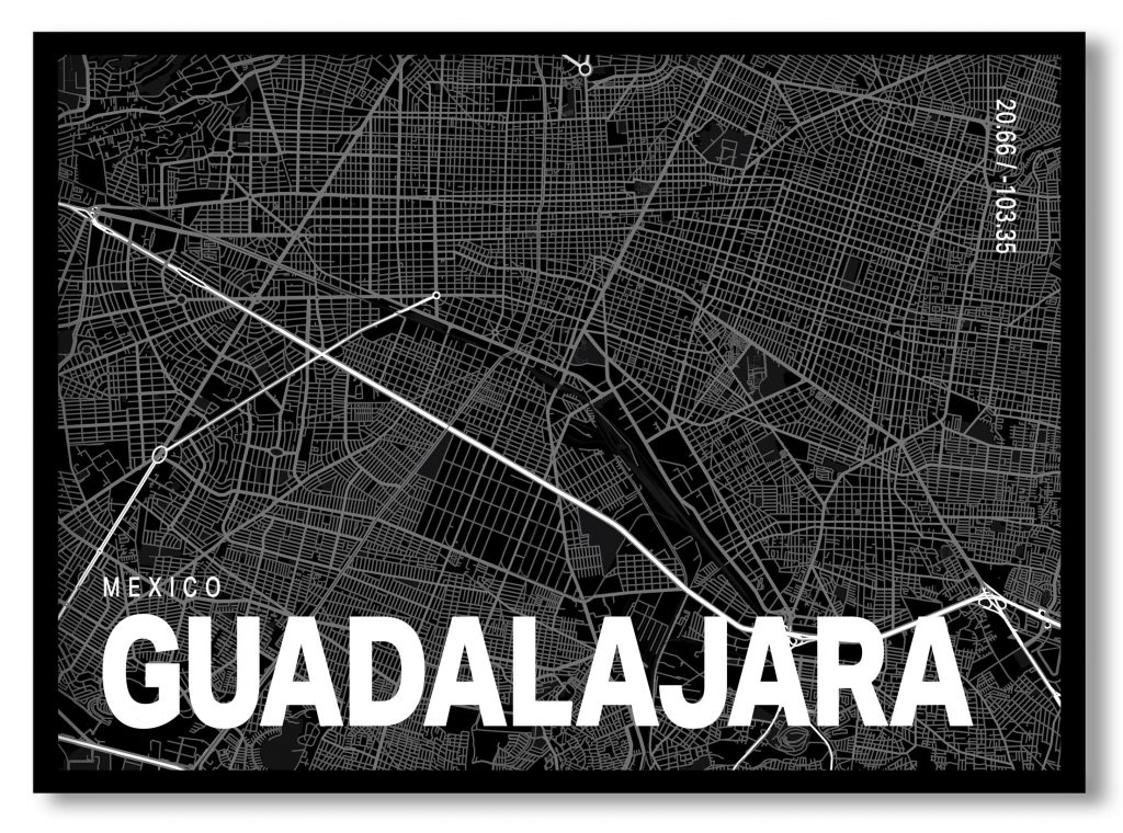 Black poster map of guadalajara